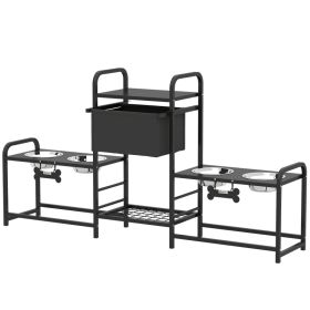 3 Height Adjustable Dog Bowl Stand with 2 Feeding Stations, Toy Bin Basket, Black